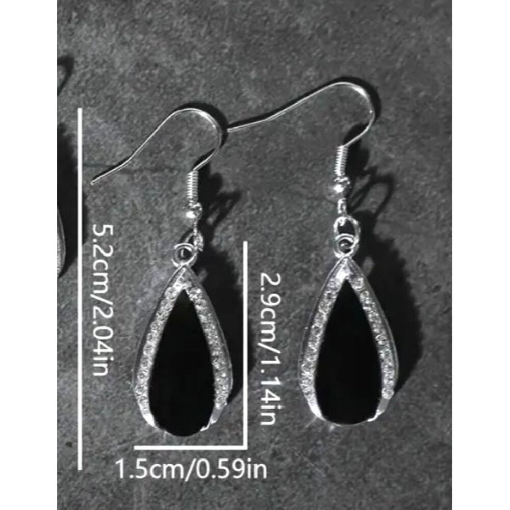 Elegant Teardrop Black Stone & Rhinestone Drop Dangle Earrings